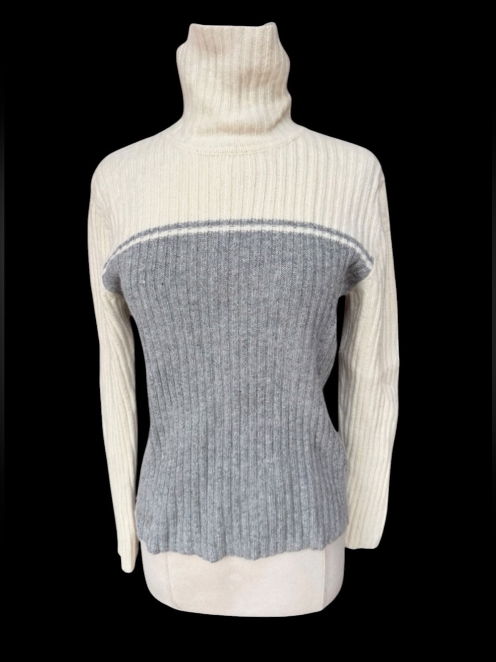 1990s Rafaella Angora/Lambswool Ivory Gray Vertical Colorblock Rib-Knit Turtlene